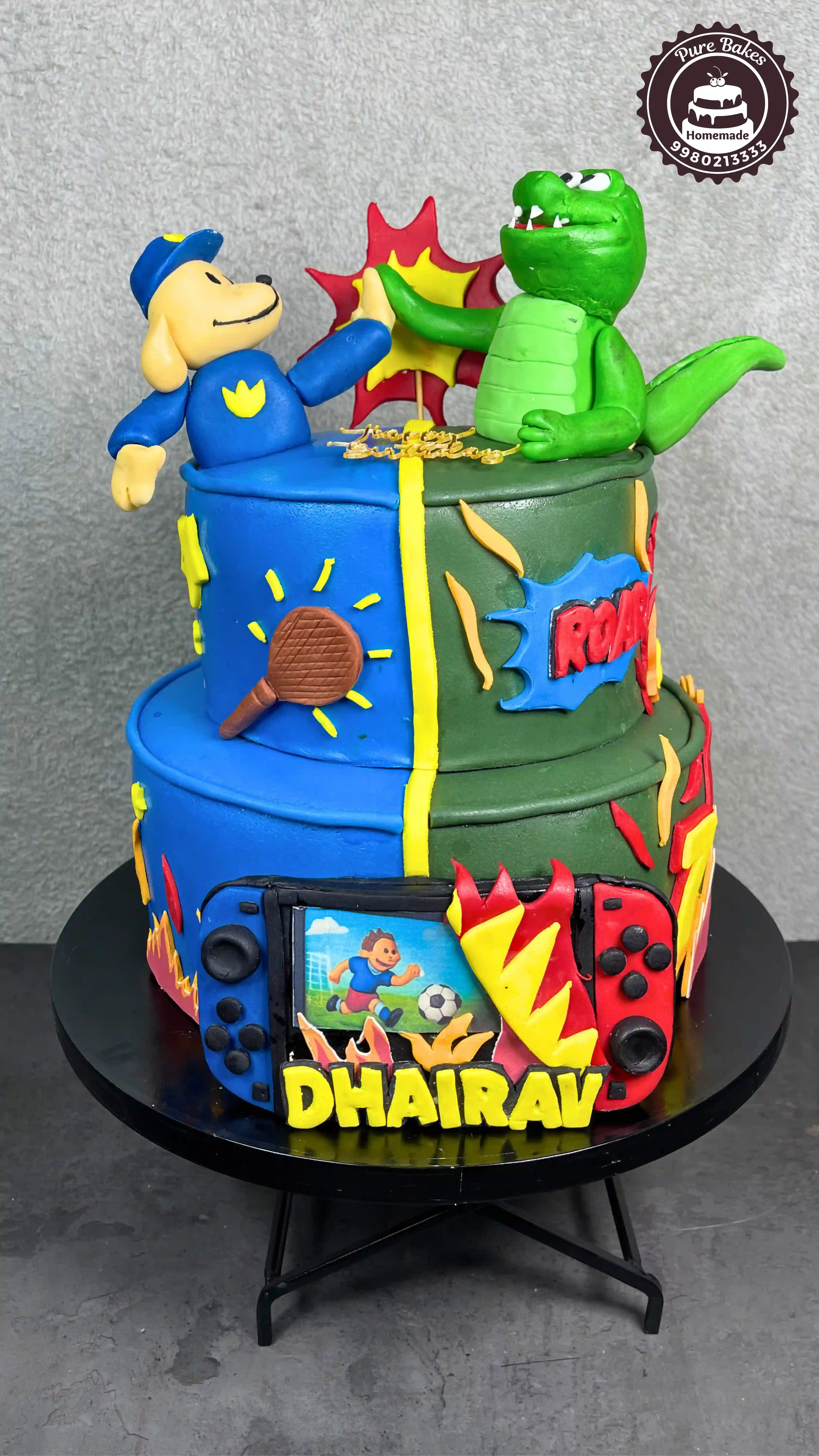 Two Tier Kids Birthday Cake with Cartoon Game Theme