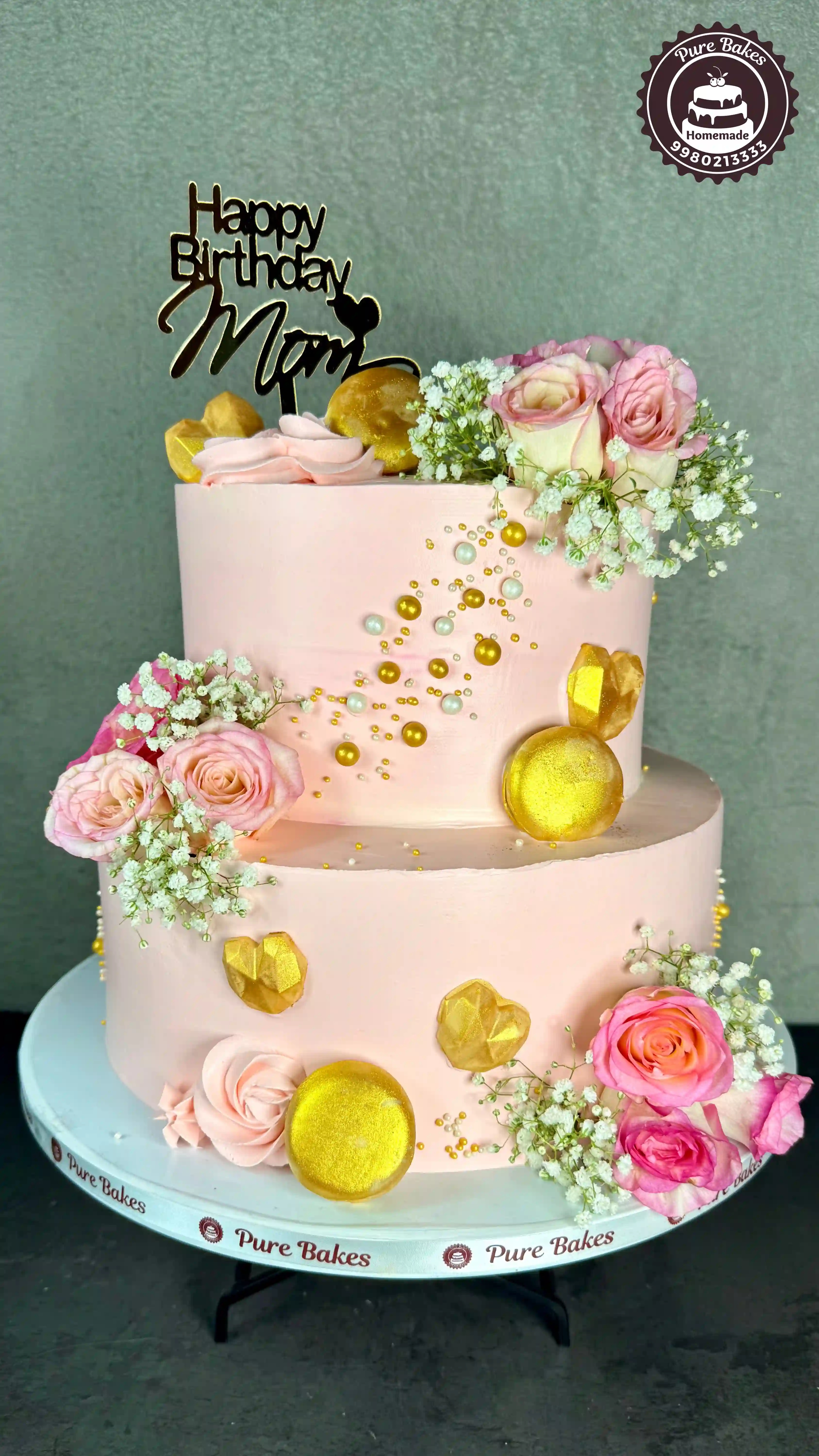 Two Tier Pink Birthday Cake with Fresh Roses