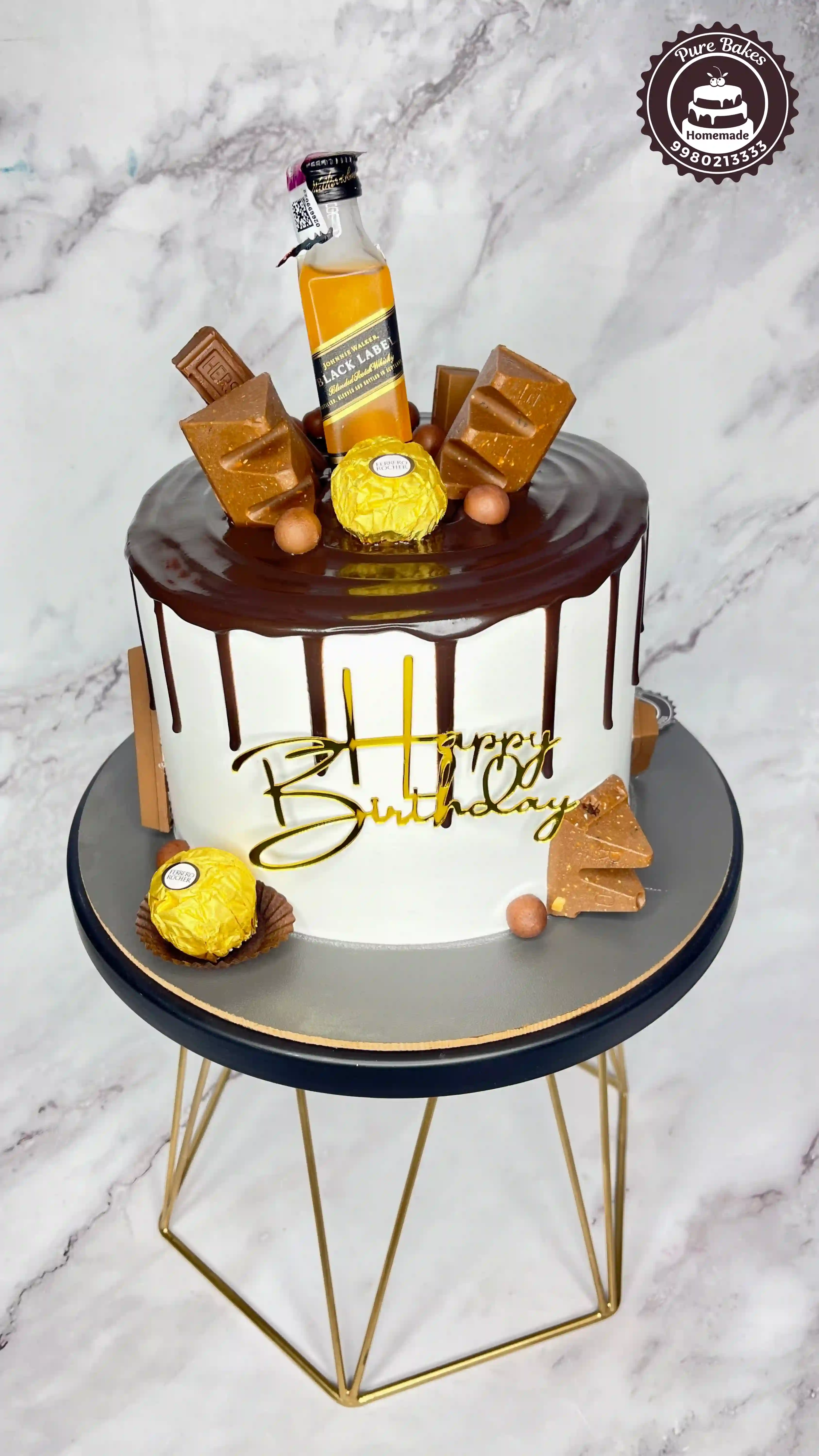 Whiskey Chocolate Drip Birthday Cake with Ferrero Toppings