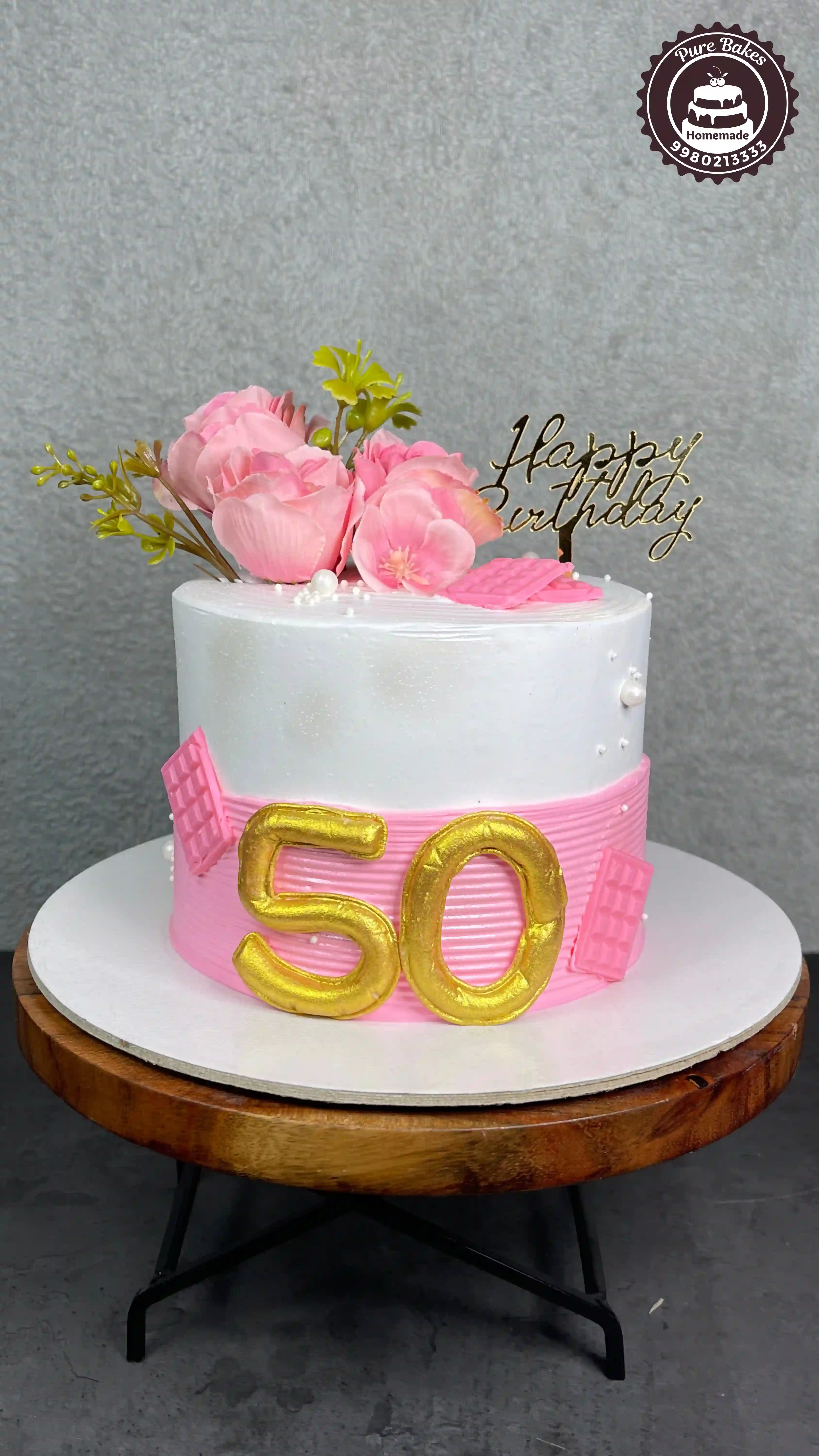 White and Pink 50th Birthday Cake with Fresh Blooms