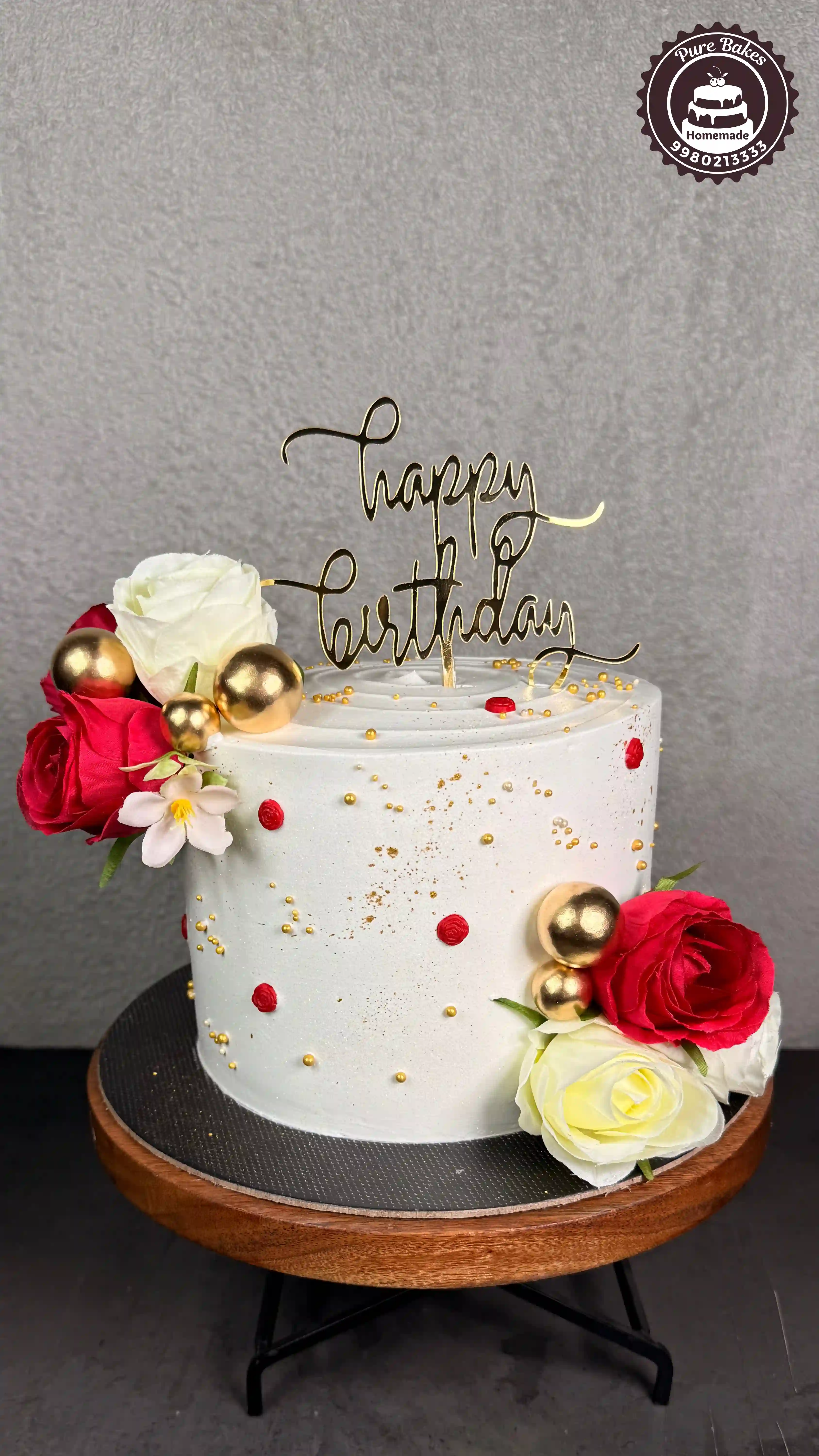 White Birthday Cake with Red Roses and Gold Pearls