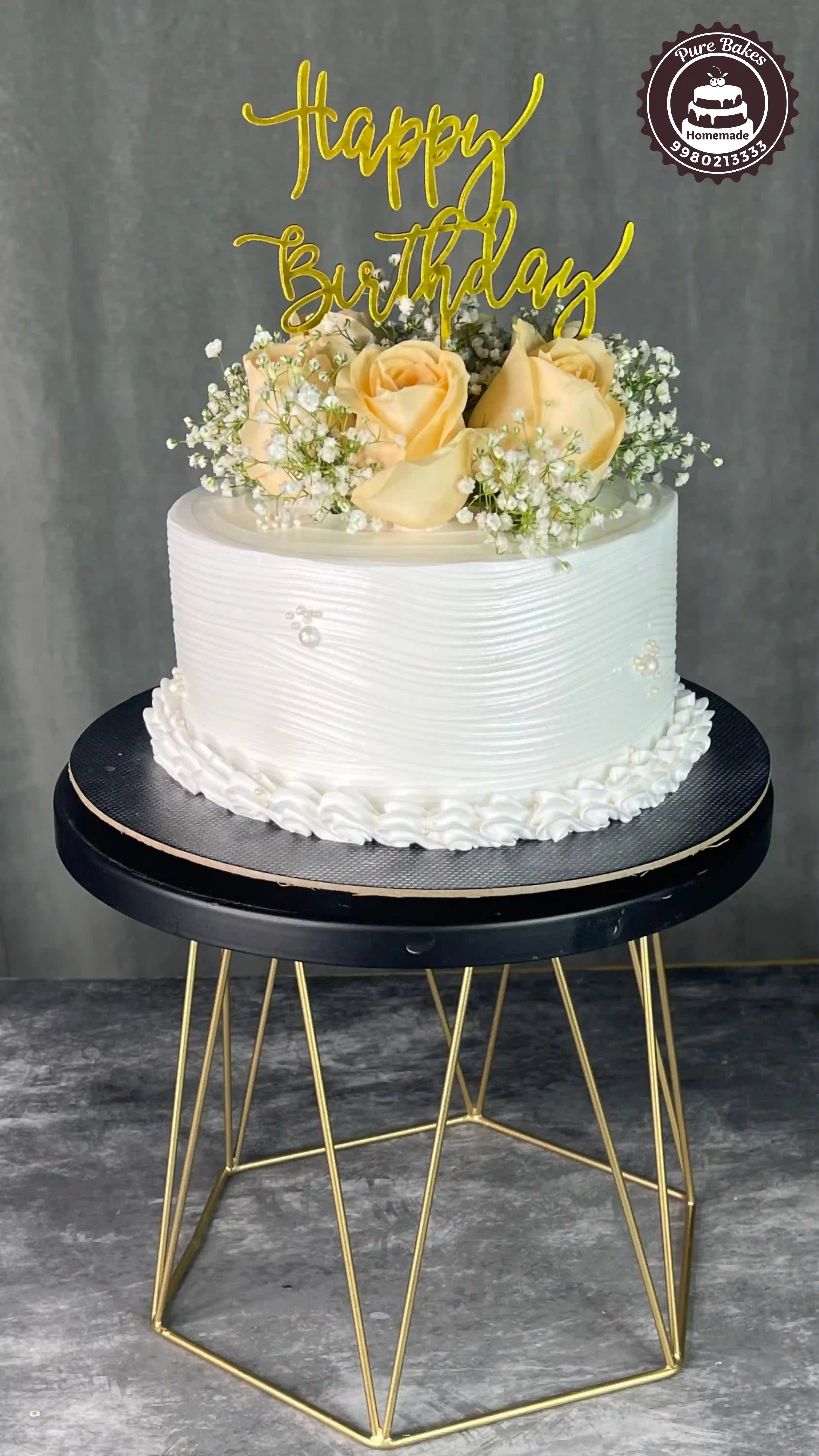 White Birthday Cake with Roses and Custom Cake Topper