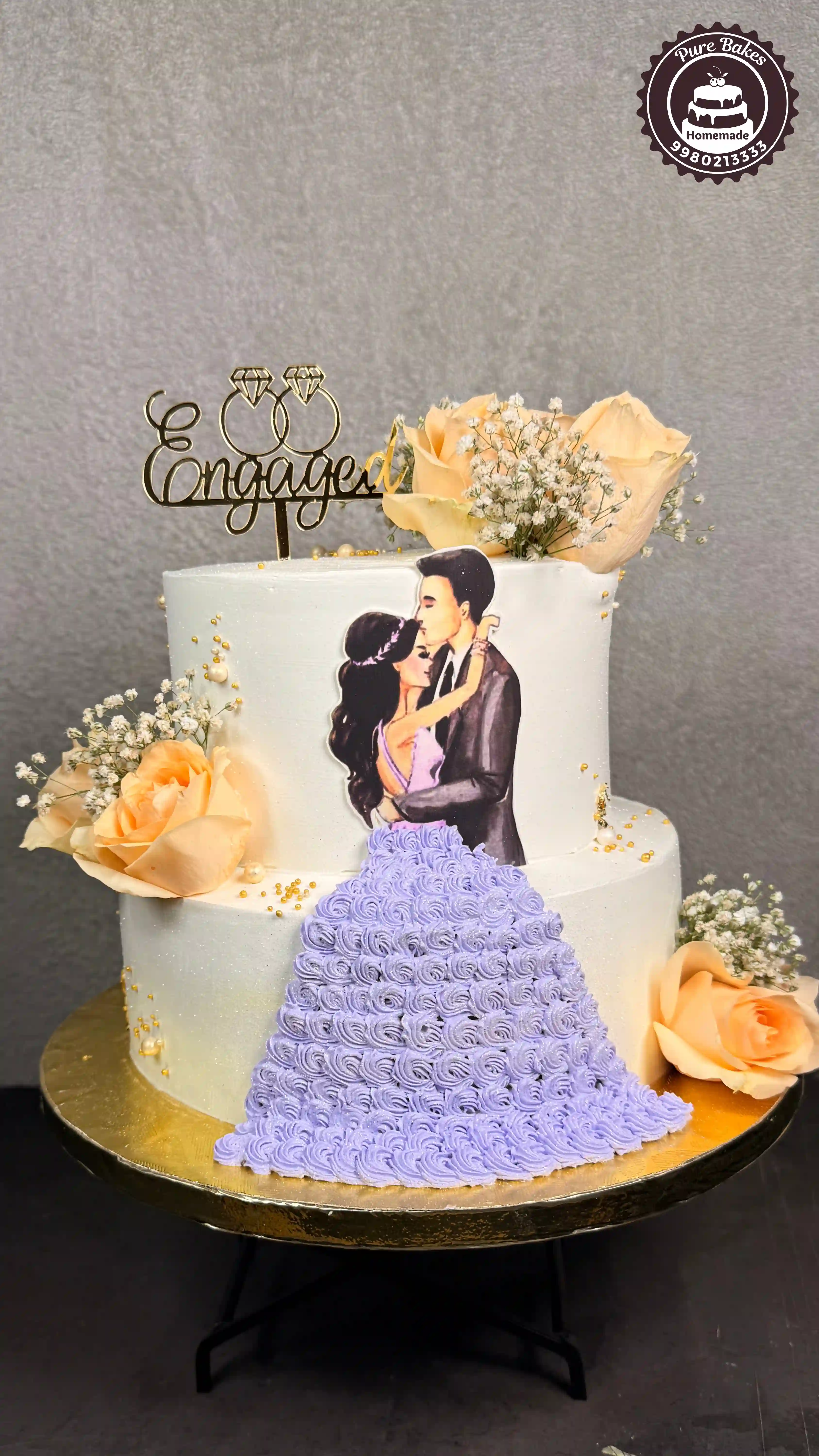 Floral Engagement Couple Cake Design
