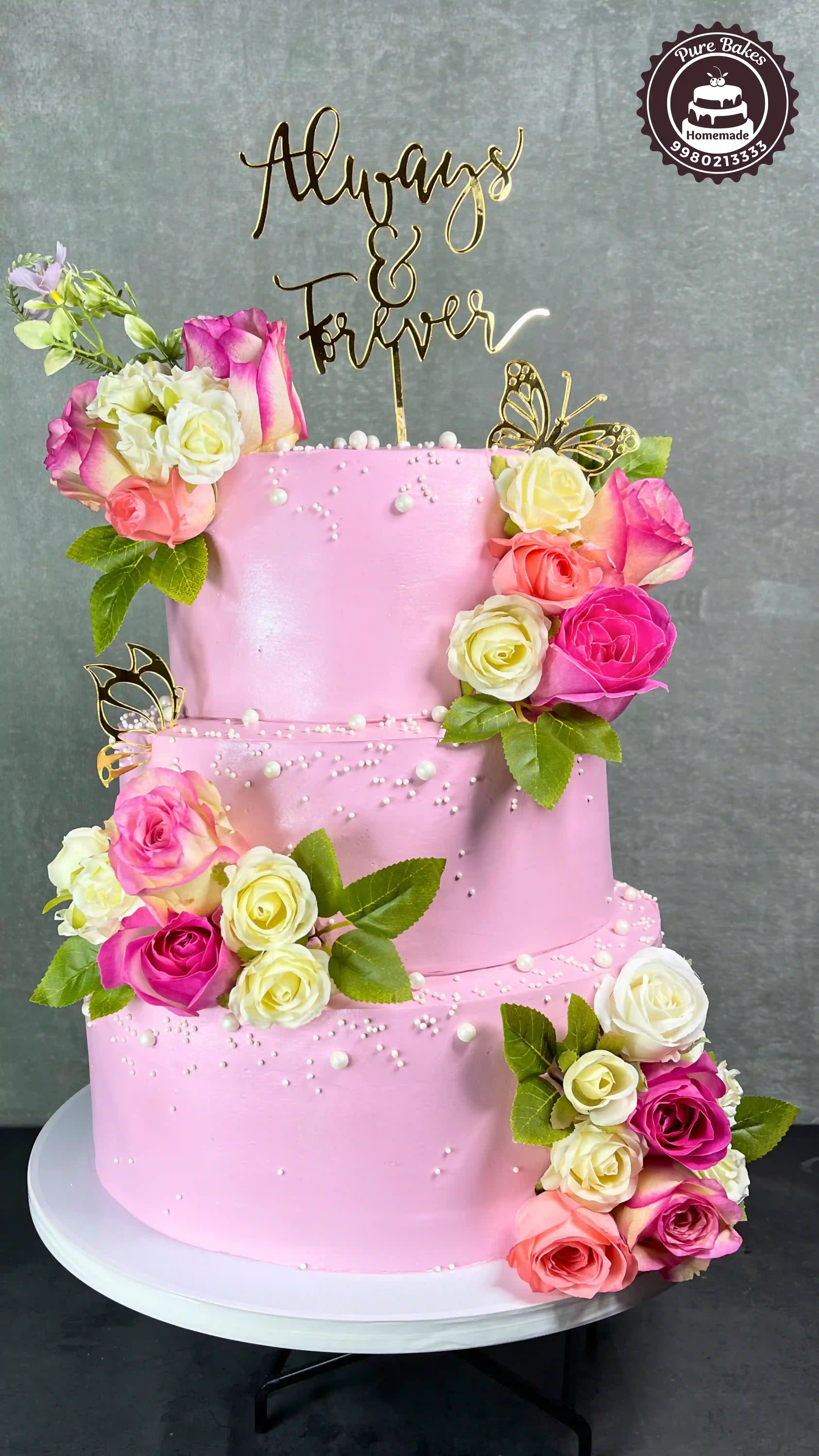 Pink Floral Three Tier Cake