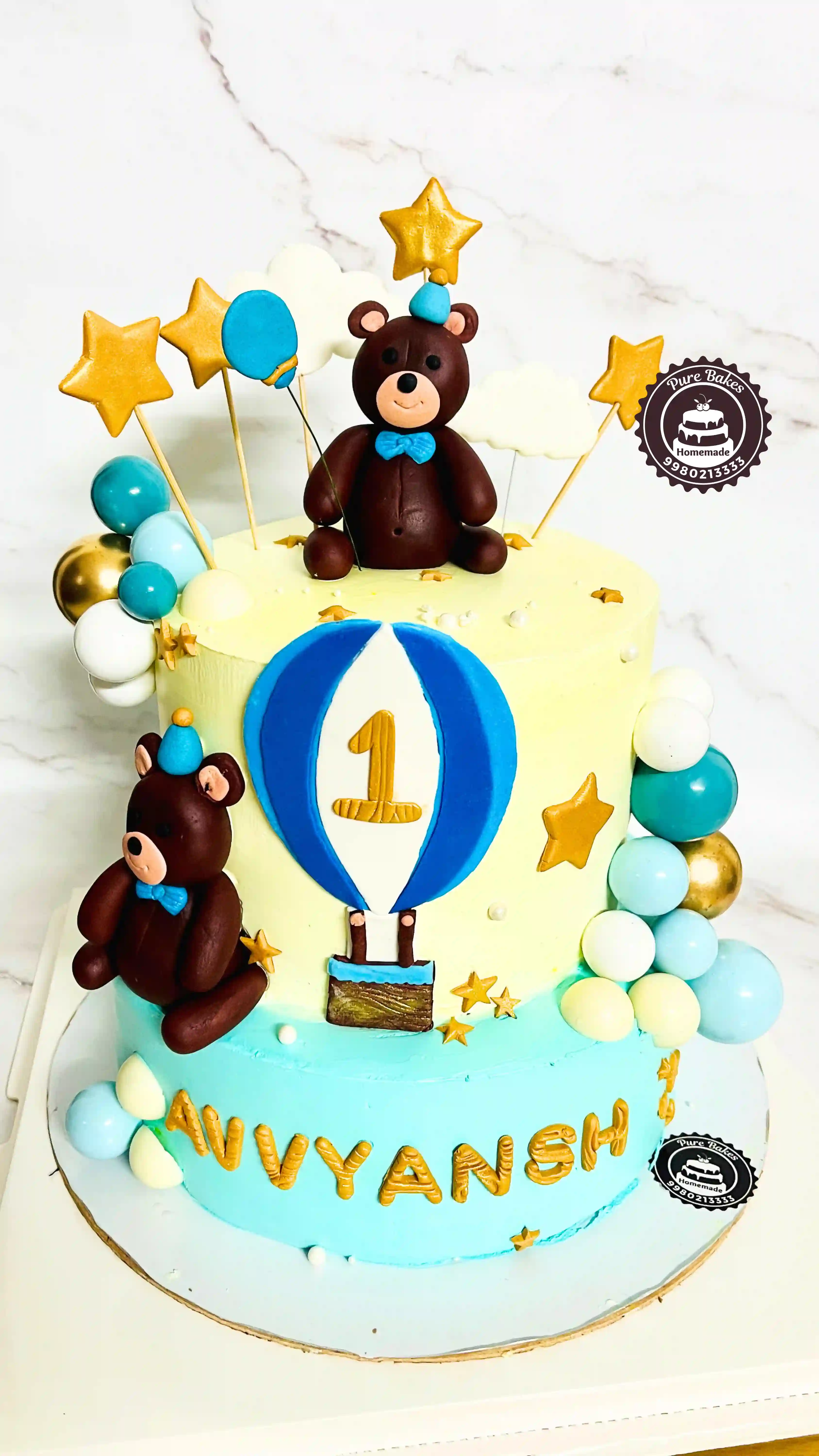 Blue Teddy Theme Two Tier First Birthday Celebration Cake