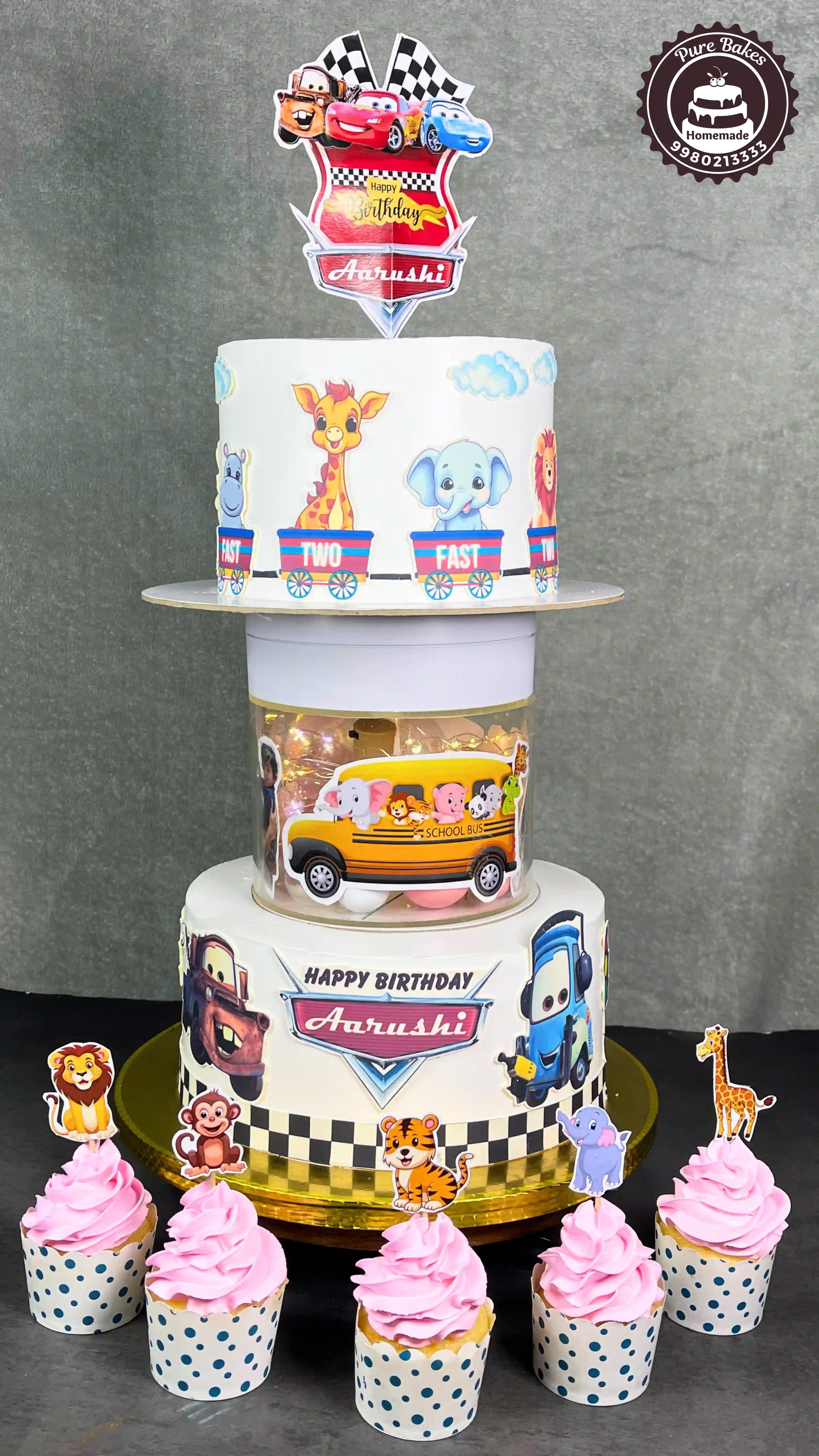 Cars Theme Two Tier First Birthday Cake With Animal Cupcakes