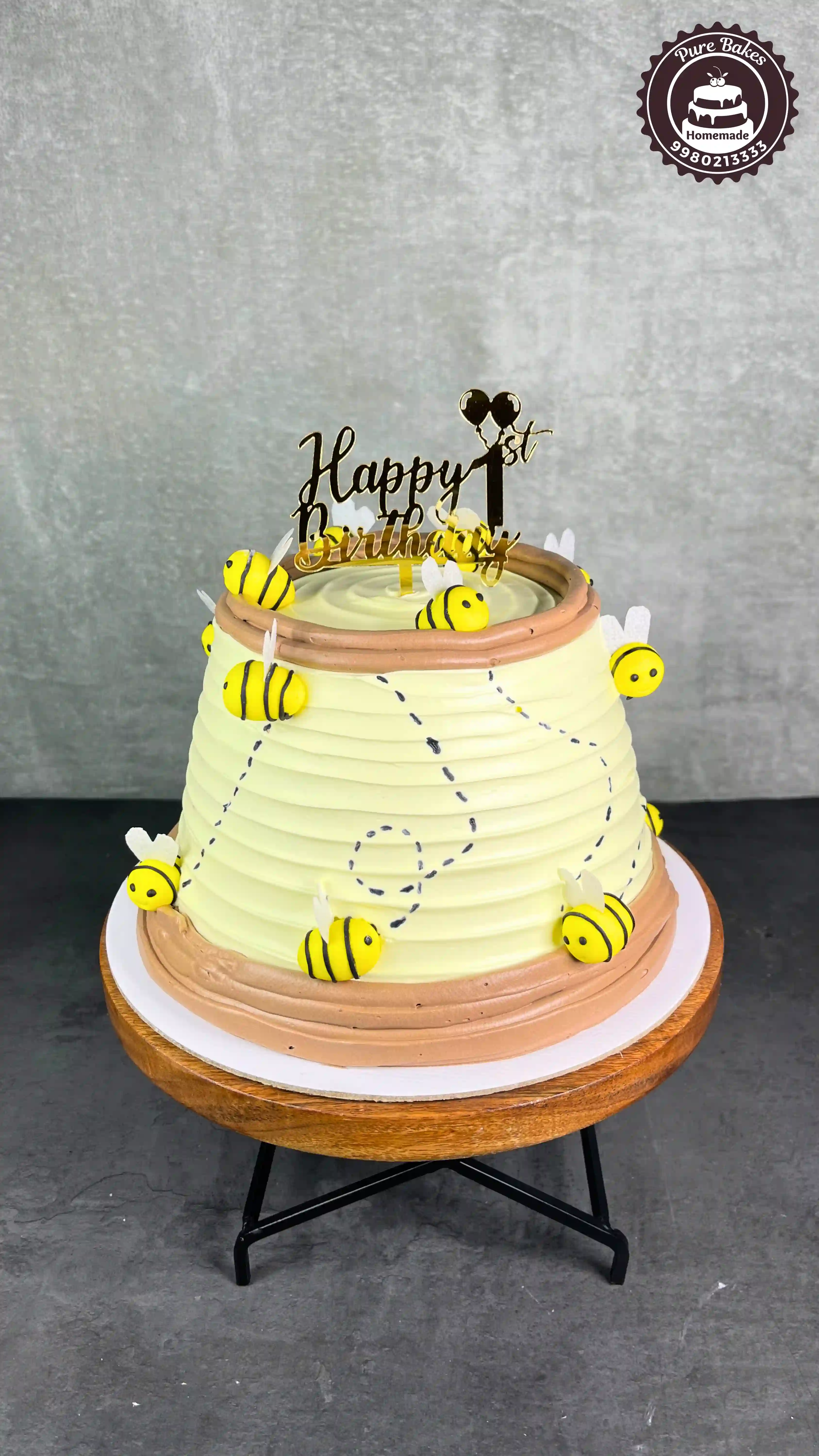 Cute Bumble Bee First Birthday Cake with Honey Theme