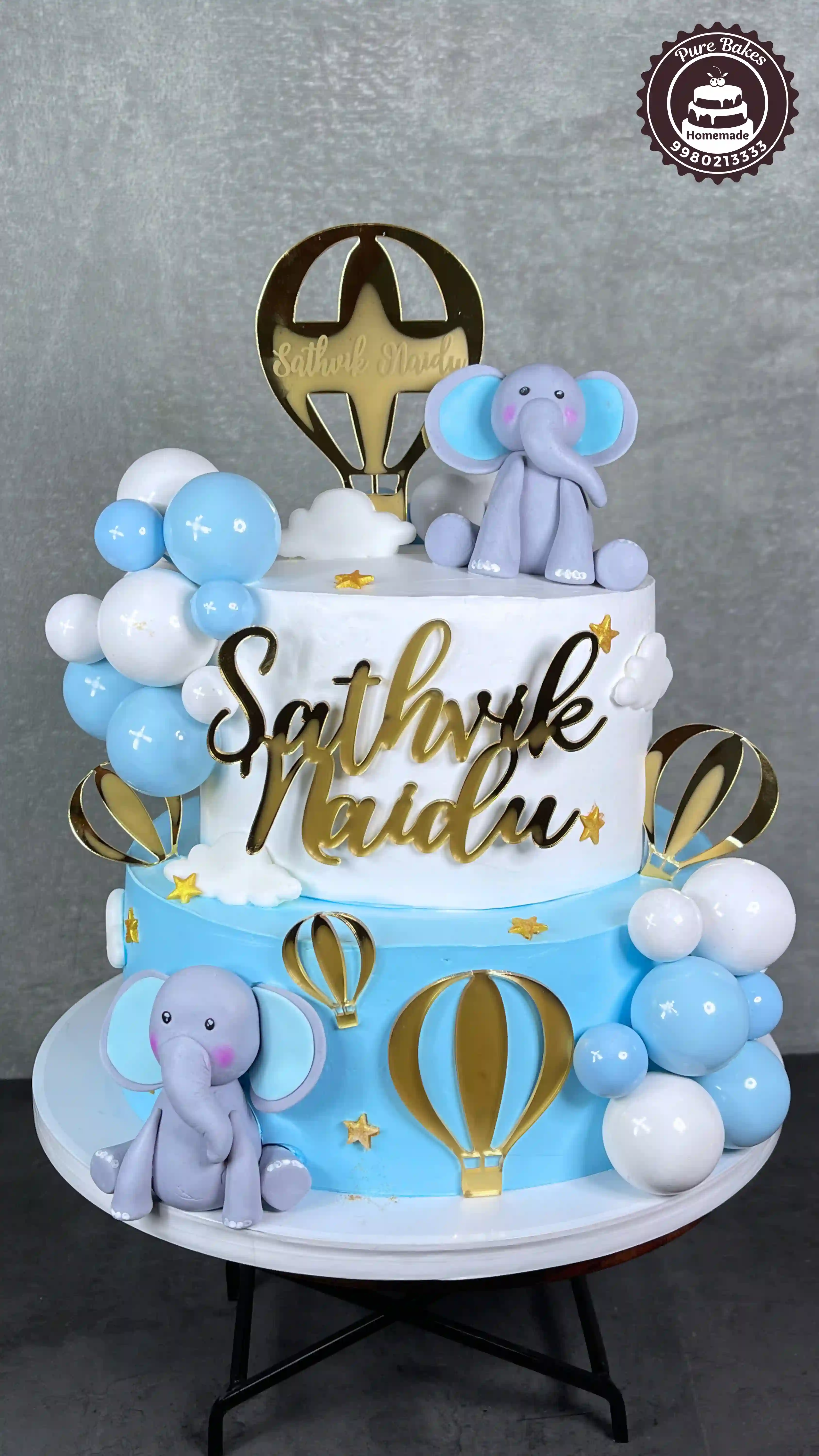 Hot Air Balloon Elephant Theme First Birthday Cake for Boys