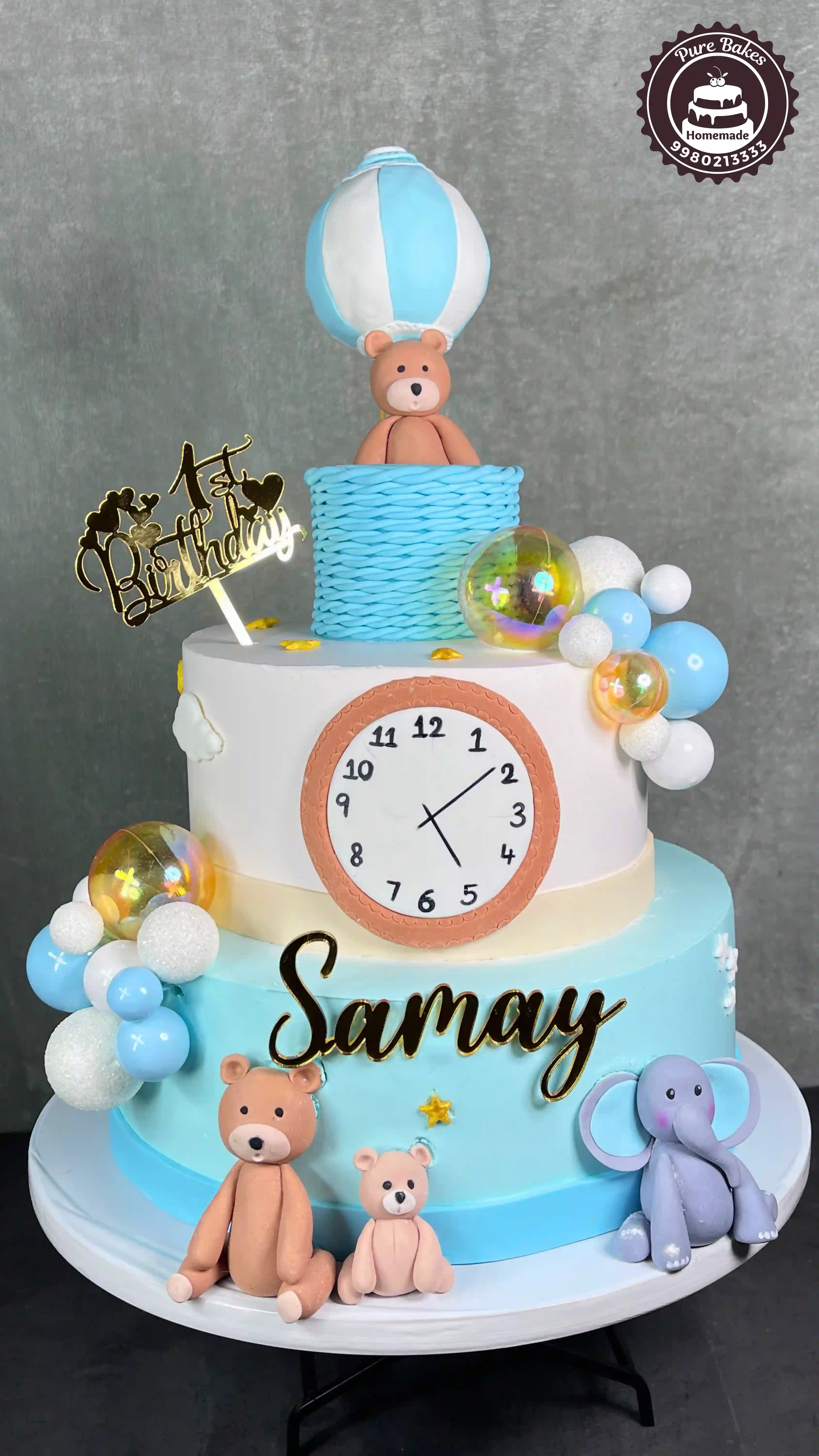 Hot Air Balloon Teddy Theme Cake for First Birthday Party