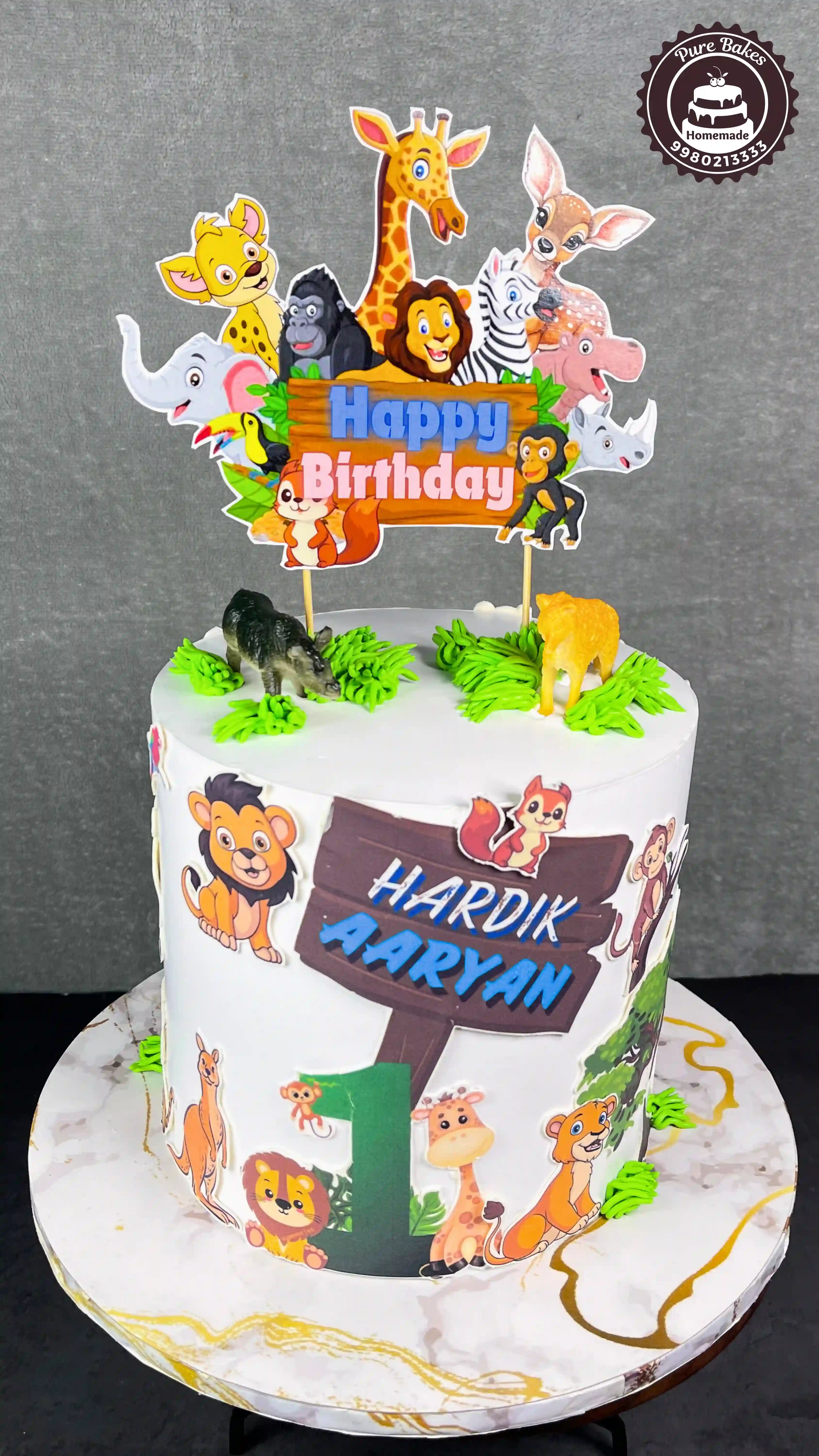 Jungle Animal Theme First Birthday Cake for Kids