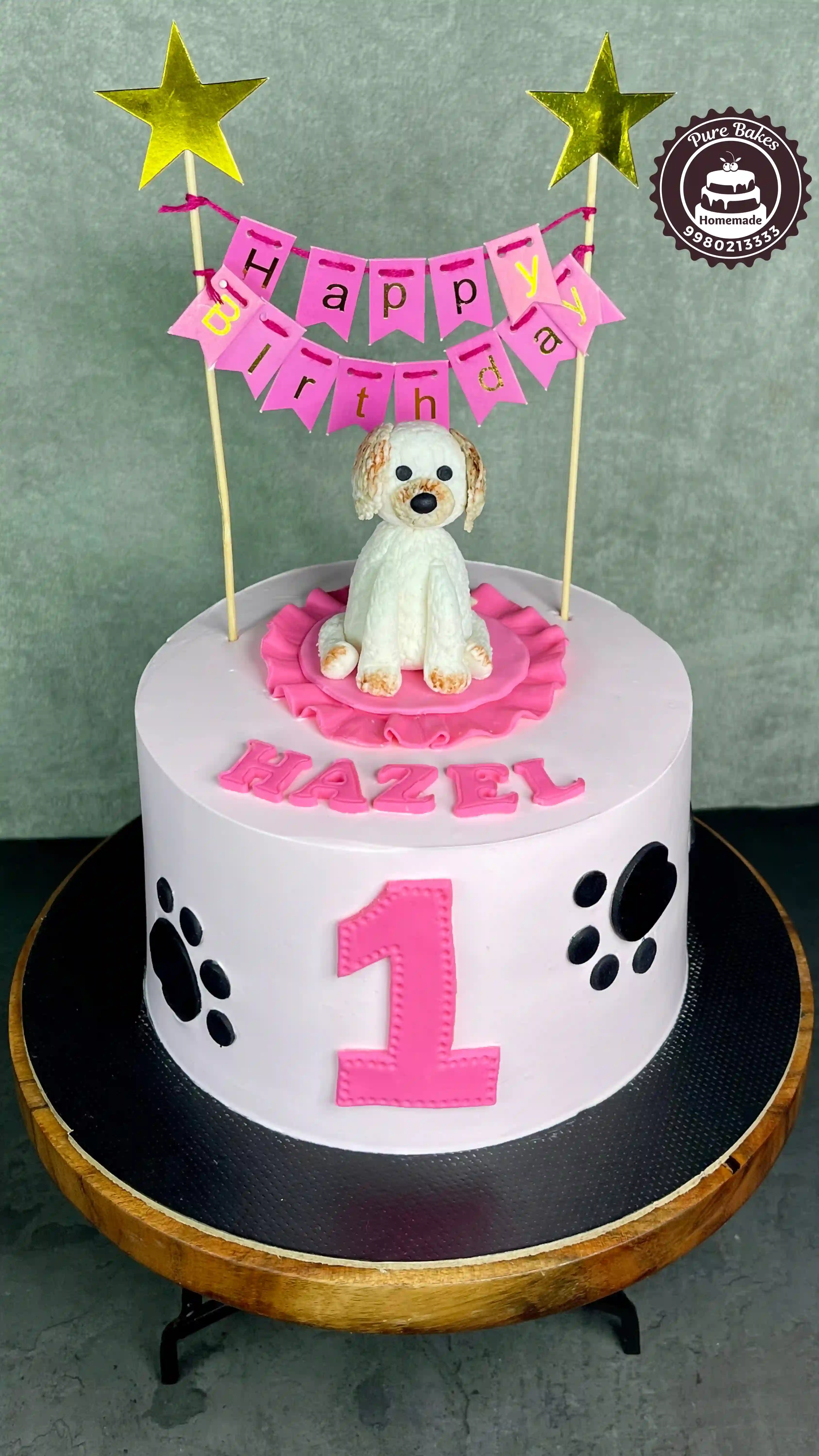 Cute Puppy First Birthday Cake with Pink Banner