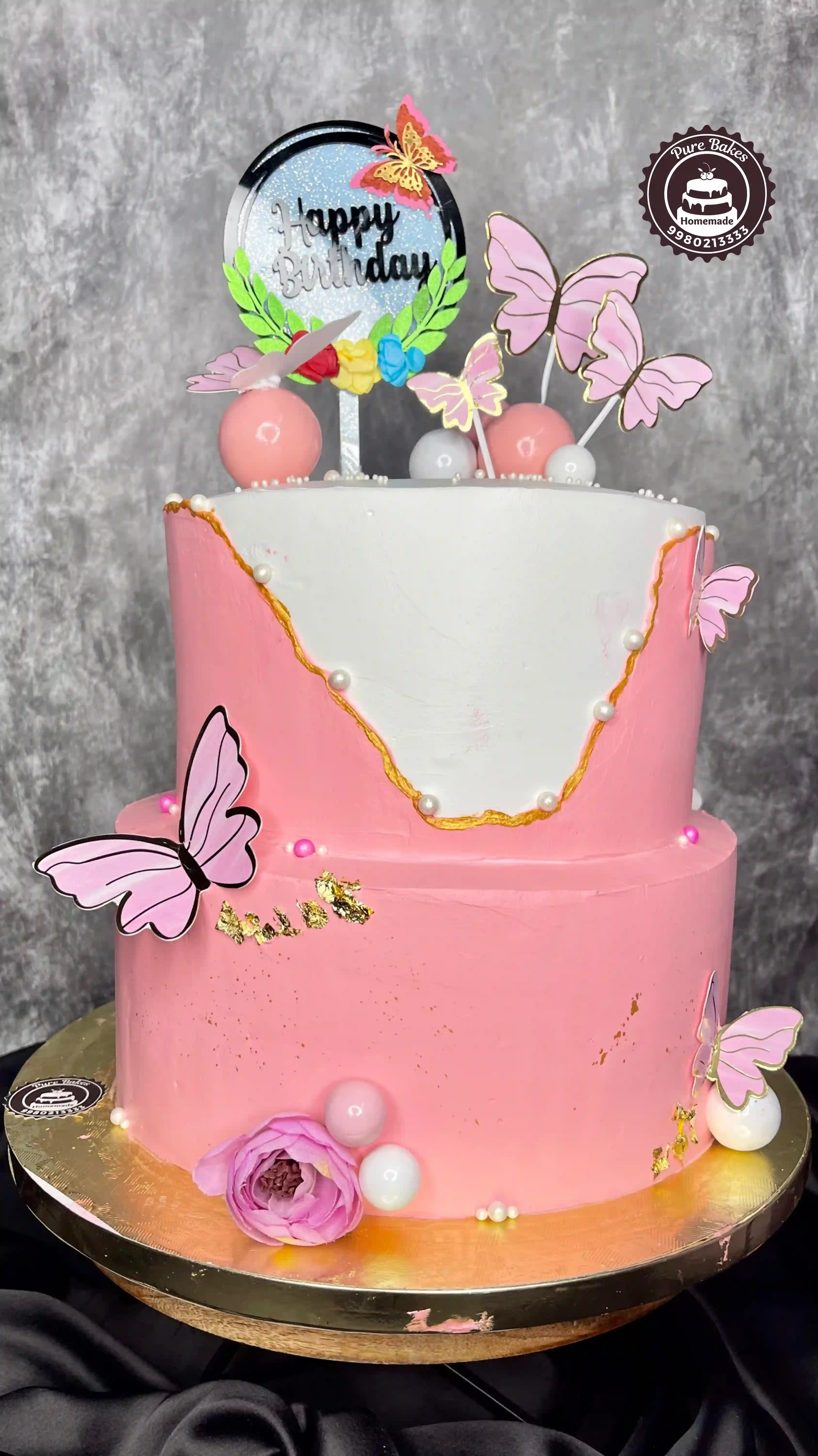 Pink Butterfly Theme Two Tier First Birthday Cake Celebration Cake