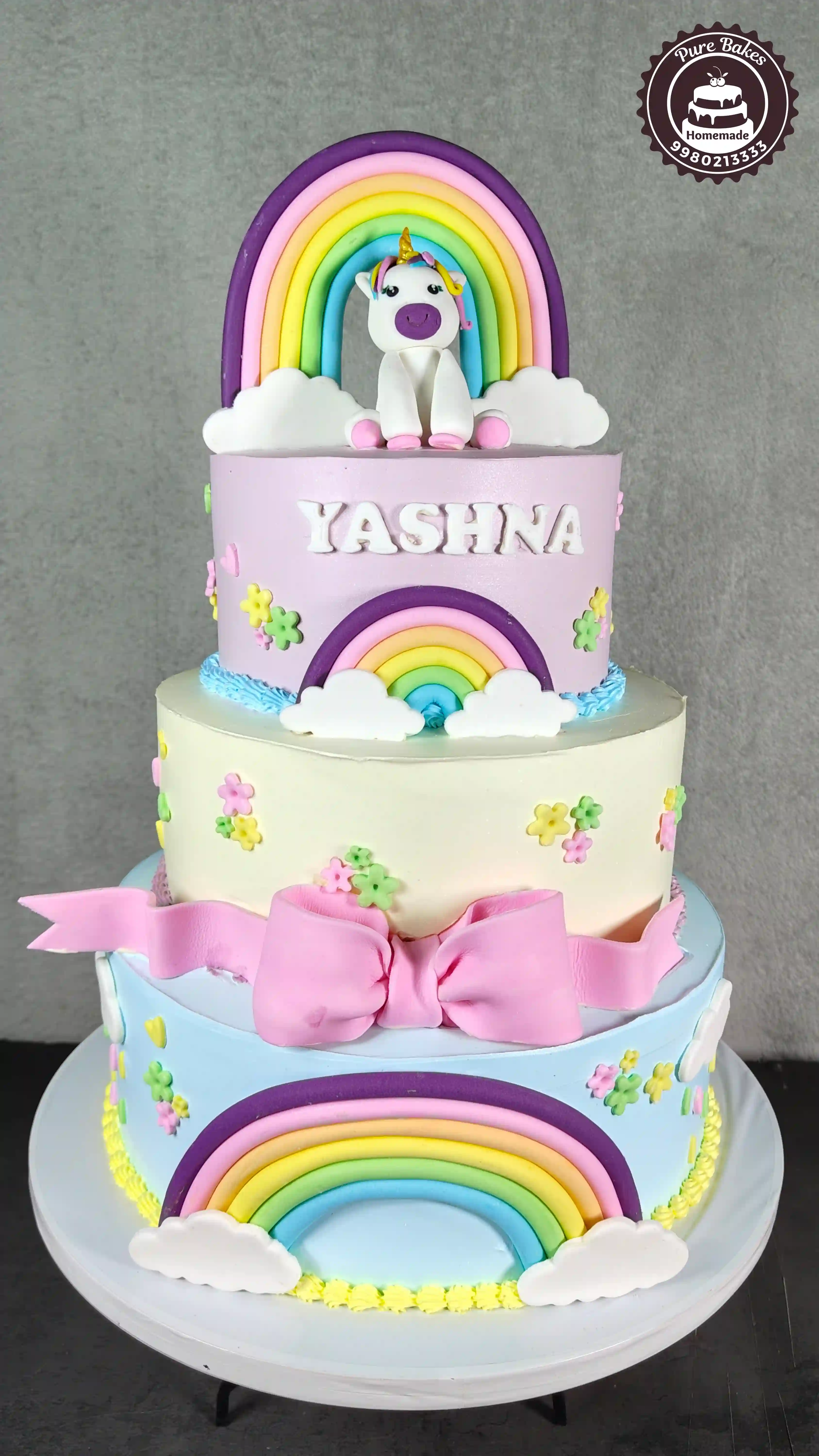 Rainbow Unicorn Three Tier First Birthday Cake For Girls