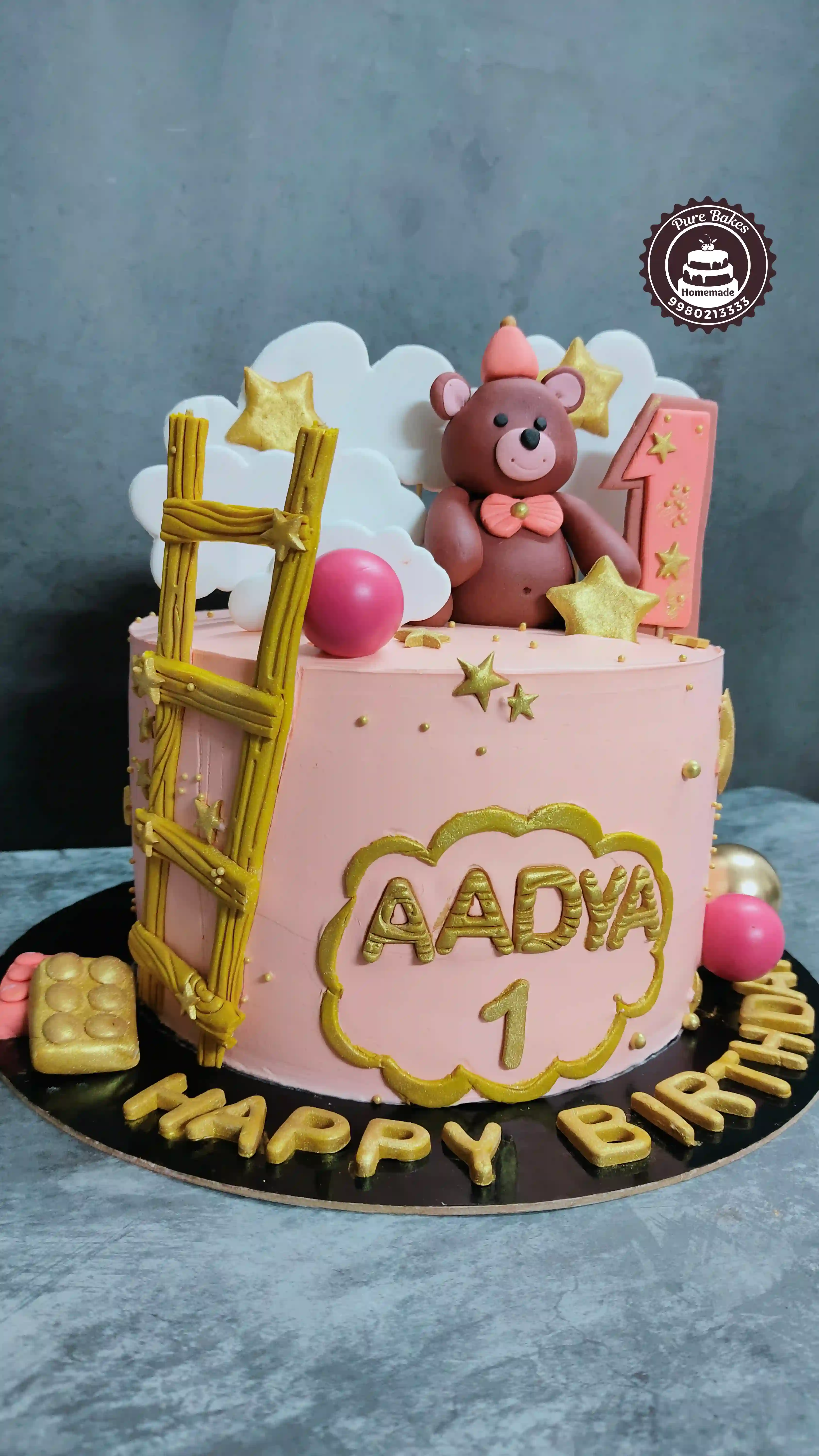 Teddy Bear First Birthday Cake with Custom Name